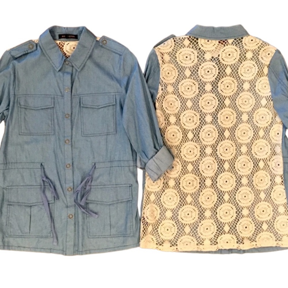 Jealous Tomato NWOT Utility Jacket/Top Ivory Lace Back Snap Front Blue Medium